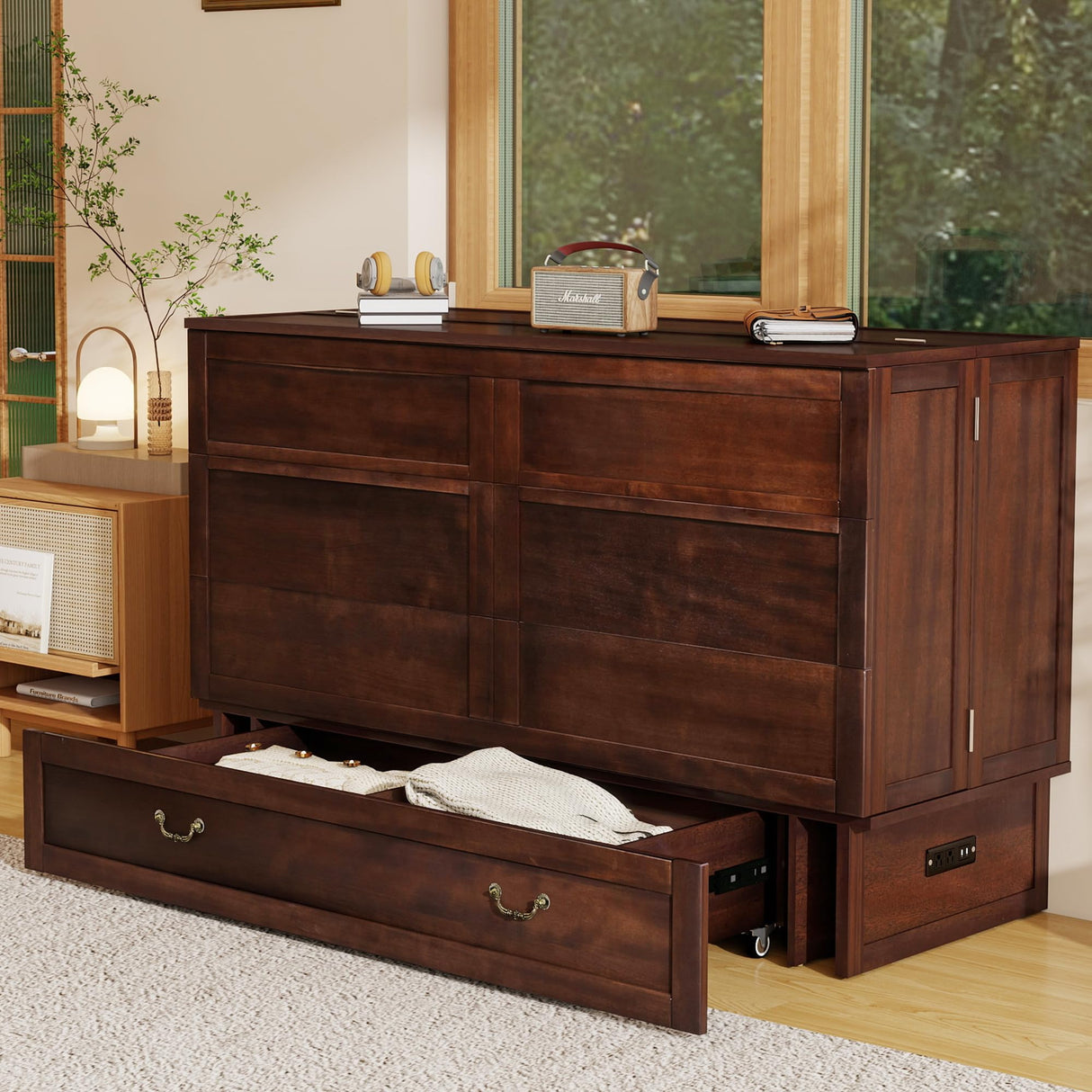 Keloyid Solid Wood Murphy Bed Cabinet：Queen Size Murphy Bed with USB Charging Station and Large Storage Drawer for Home，Optimize Sleeping Space（Mattress Not Included） Deep Brown Red-7 Keloyid