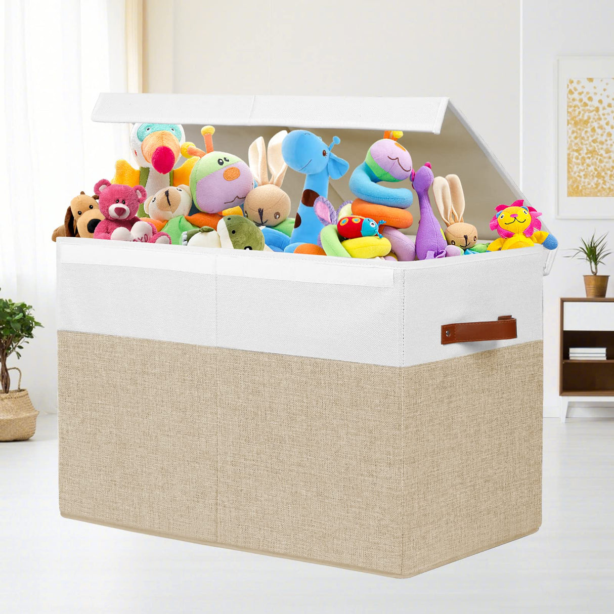 Large Toy Storage Box with Lid, Sturdy Toys Storage Chest Bin Organizer Basket with Dividers for Kids, Boys, Girls, Nursery, Closet, Bedroom, Playroom 25"x13" x16" (Beige and White) Gowee