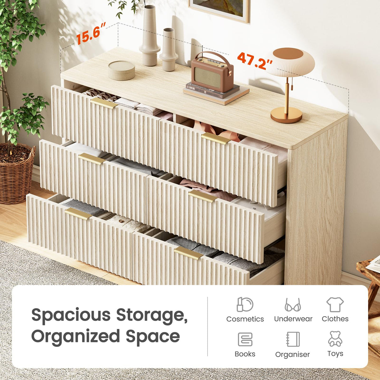 Amada Modern 6 Drawer Dresser, Fluted Wood Chest of Drawers with Rounded Corners, Pre-Installed Drawer Slides, Dresser TV Stand and Storage Organizer for Bedroom, Hallway, Natural Oak AMADA HOMEFURNISHING