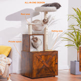 Heybly Cat Tree, Wood Litter Box Enclosure with Food Station, All-in-one Indoor Cat Furniture with Basket and Condo, Modern Style Cat Tower, Hammock, Rustic Brown HCT101SR Heybly