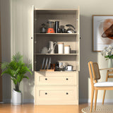 DIYART Rattan Oak Kitchen Pantry Cabinet, 64.2" Tall Kitchen Storage Cabinet with Doors and Drawers, Freestanding Wooden Storage Cabinet for Kitchen, Dining Room DIYART