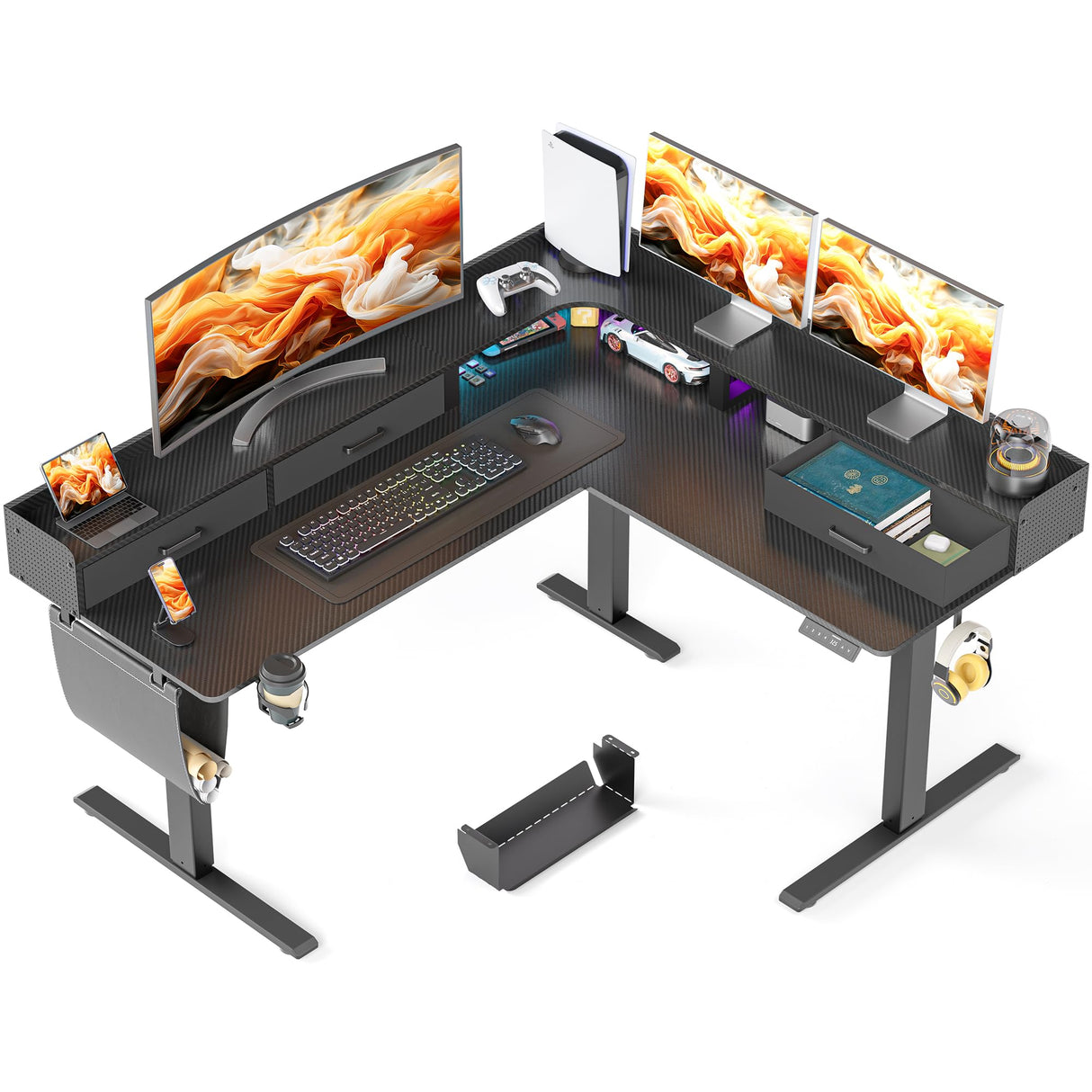WALKINGDESK 63 Inches Height Adjustable L Shaped Standing Desk with 3 Drawers and Monitor Shelf, Electric Corner Comupter Desk, Sit Stand up Home Office Desk, Ergonomic Gaming Desk, Black WALKINGDESK