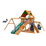 Gorilla Playsets 01-0004-AP Frontier Wood Swing Set with Wood Roof, Tire Swing, Two Belt Swings, Picnic Table, Sandbox, Rock Climbing Wall, Amber Gorilla Playsets