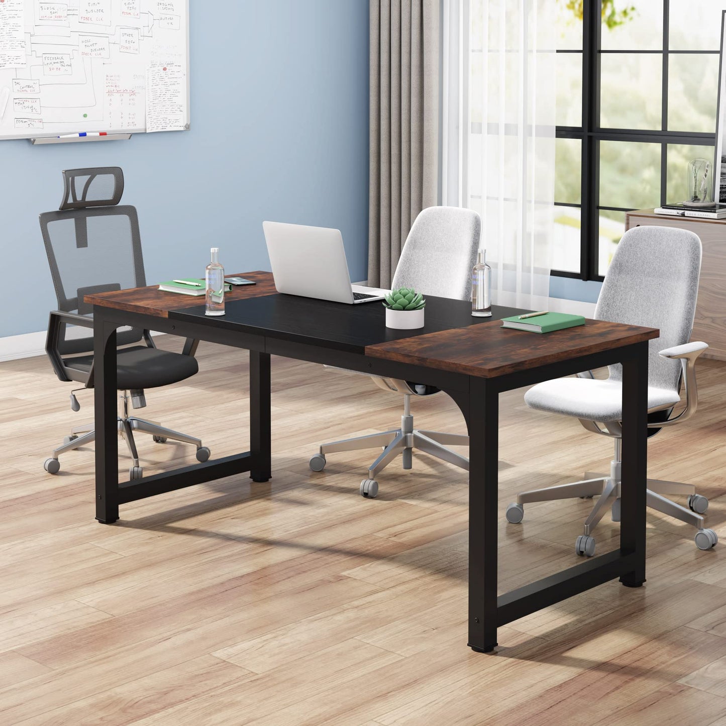 Tribesigns Conference Table, 63" W x 31.5" D Meeting Room Table Boardroom Desk for Office Conference Room, Splicing Board with Metal Frame, Rustic Brown/Black - WoodArtSupply