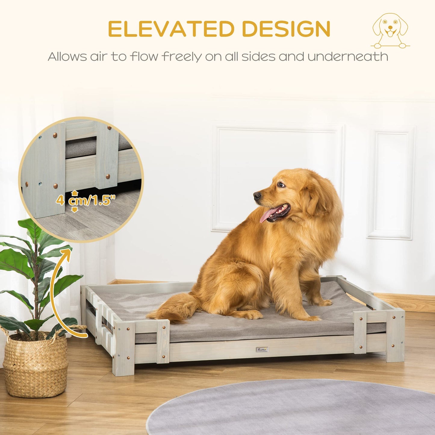 PawHut Large Dog Bed with Soft Foam Cushion, Wooden Dog Couch with Roomy Surface, Elevated, Slate Gray - WoodArtSupply