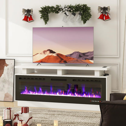 Fireplace TV Stand with 60" Electric Fireplace, Solid Wood Fireplace with Mantel, Modern Fireplace Cabinet with Socket for Living Room Farmhouse Entertainment Center (White, 60 “)