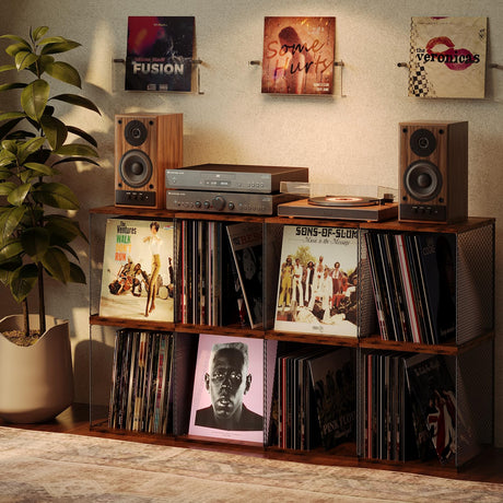 2 Cubes of Record Holder Shelf Vinyl Record Storage Furniture,DIY Stackable 80-110 Records Visualize Album Storage Box Cube Natural Wooden Organizer Crate Records Cabinet Record Vinyl Storage Honkazita