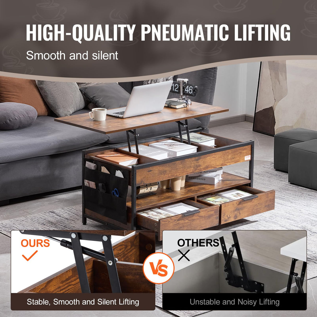 VEVOR Lift Top Coffee Table, 39.4 in Rectangle Coffee Table with Extra Storage Pockets, Pop Up Coffee Table with Power Strip & USB & Ambient Lighting for Living Room, Brown VEVOR