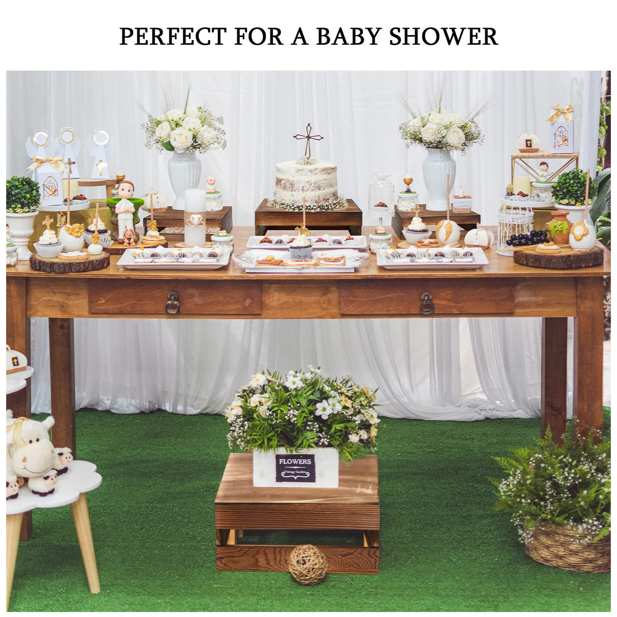 Sieral 4 Pieces Wood Cupcake Display Stand Decorative Dessert Appetizer Cake Stand Risers Wooden Crate Rustic Cake Risers for Decor Wooden Crate Style Storage Organizer for Party(Burnt Wood) Sieral