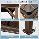 MELLCOM 12' x 14' Hardtop Gazebo, Brown Permanent Pavilion Gazebo with Curtains and Netting, Galvanized Steel Metal Double Roof Aluminum Gazebo with Aluminum Frame for Patio, Lawn & Garden MELLCOM