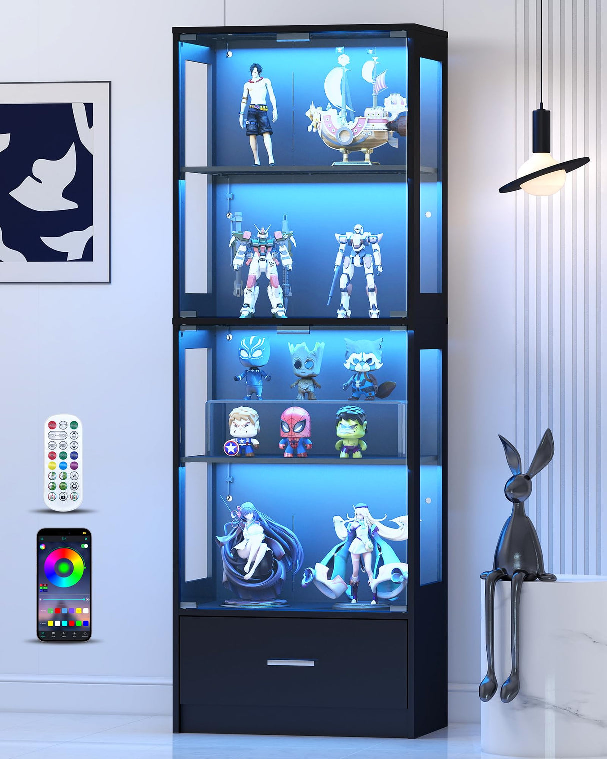 Lamtor Display Cabinet with Glass Doors - 67" Curio Cabinet with RGB LED Lights and Drawer for Collectibles, 4 Tier Glass Display Case for Living Room, Office, Black(Narrow) Lamtor