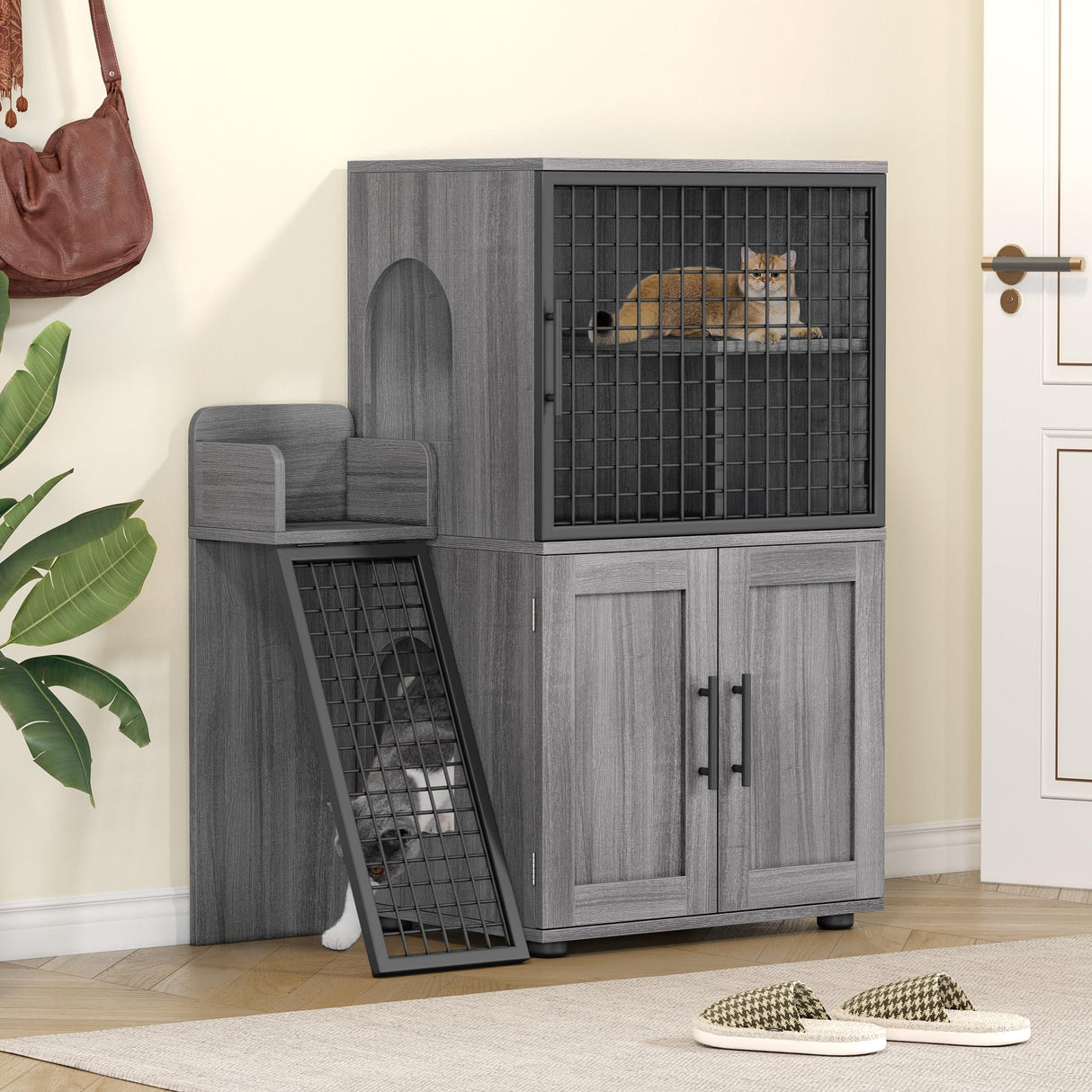 IDEALHOUSE Modern Cat Litter Box Enclosure with Platform, Double Layer Hidden Litter Box, Indoor Washroom, Villa Cat House with Ladder, 33.5" l x 17.9" w x 41.9" h,Dark Grey IDEALHOUSE