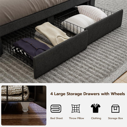 IKIFLY Dark Grey Queen Bed Frame with Storage Drawers, Charging Station & LED Lights - WoodArtSupply