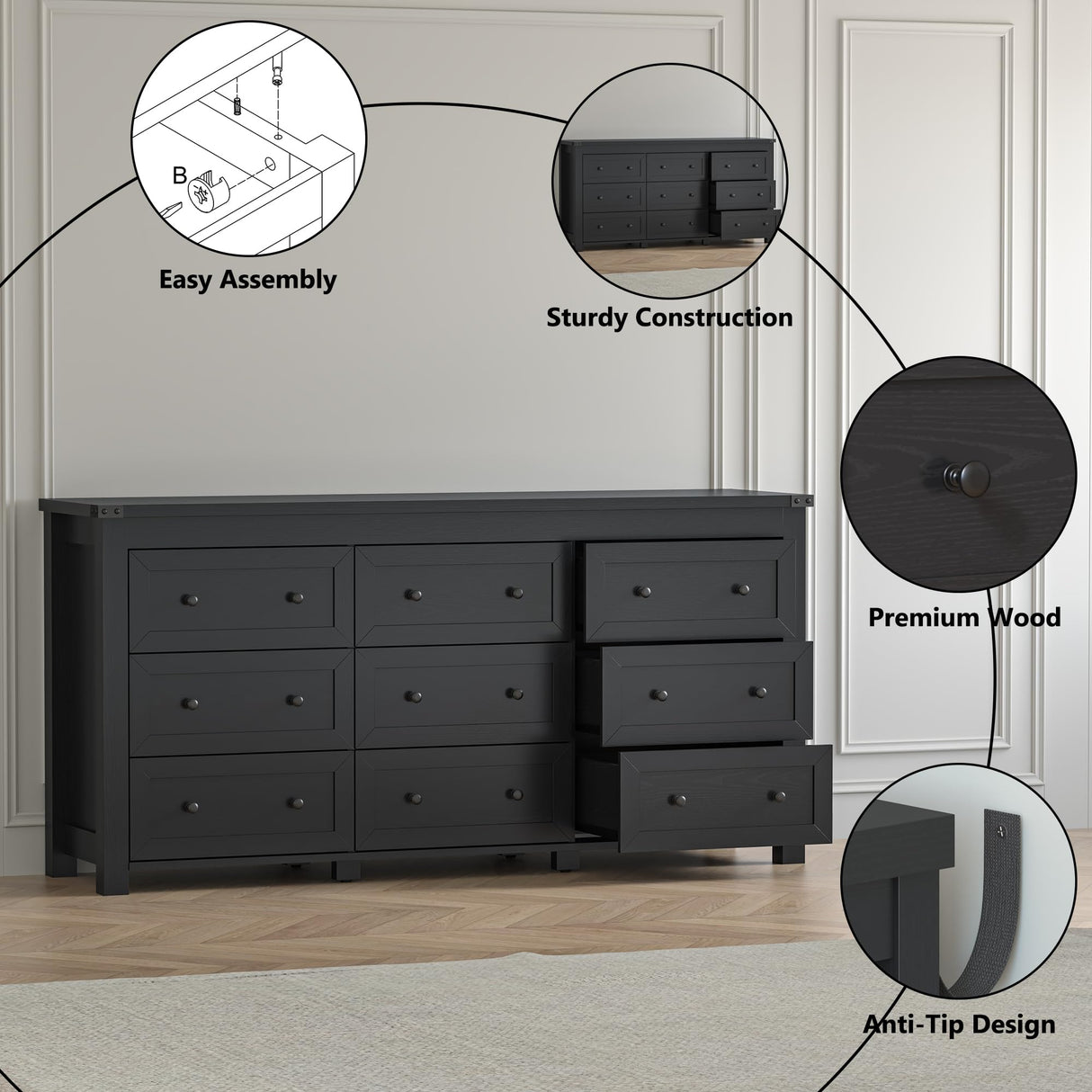 BORNOON 9-Drawer Dresser for Bedroom, Modern Wide Chest of Drawers, Wooden Storage Organizer for Closet, Living Room, Entryway, Home Office, Black Dresser with Ample Storage BORNOON