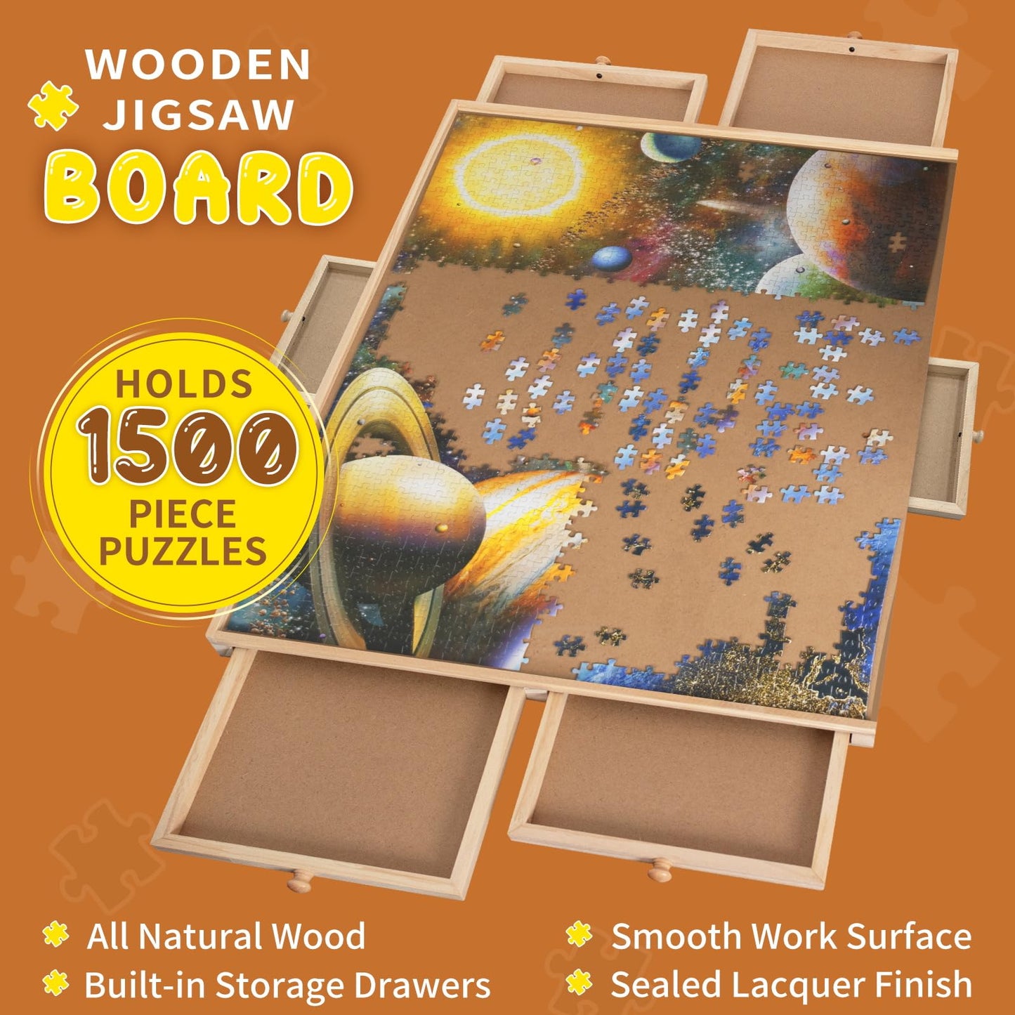 Nattork 1500 Piece Wooden Jigsaw Puzzle Board - 6 Drawers, Rotating Puzzle Table, Jigsaw Puzzle Table with Cover - Portable Puzzle Tables for Adults and Kids - WoodArtSupply