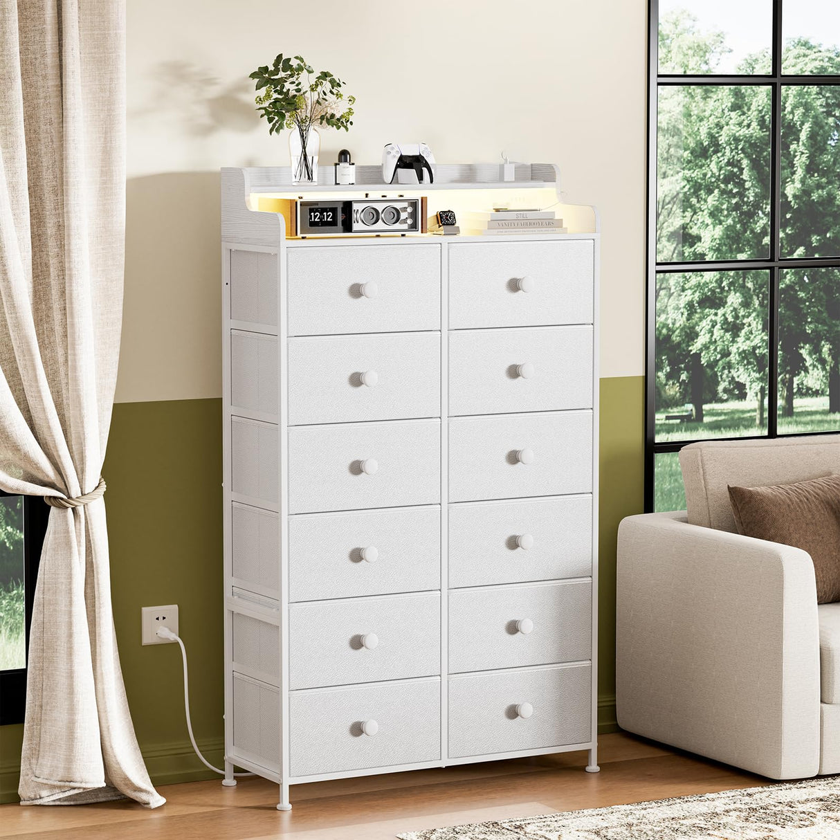 REAHOME Dresser for Bedroom with Charging Station and LED Lights, 12 Drawers Dresser TV Stand with Wooden Top, Tall Fabric Chest of Drawer with Sturdy Frame for Closet, Living Room, Hallway, White REAHOME