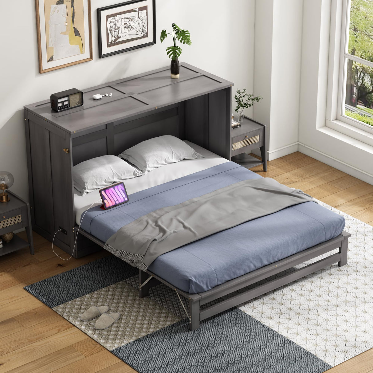 Harper & Bright Designs Murphy Bed Queen Cabinet Built-in USB Charging Station and Large Storage Drawer, Hidden Guest Cube Chest Beds for Bedroom/Living Room/Apartment Gray Harper & Bright Designs