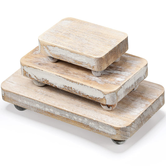 3 Pcs Wooden Risers for Display Wood Pedestal Stand Wooden Risers for Decor Farmhouse Vintage Rustic Riser Stackable Kitchen Wooden Stand Tray Riser, 3 Sizes (White,8 x 4.3, 6 x 3.5, 4 x 2.8 In)