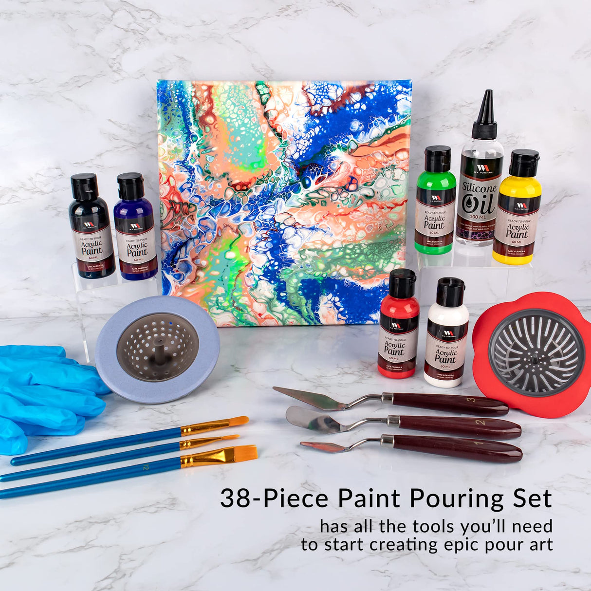 WA Portman 38-PC Ready-to-Pour Acrylic Pouring Paint Set - 6 Bottles of Acrylic Paint Kits for Adults and Kids - Painting Sets with Canvas Painting Supplies and Brushes W.A. Portman