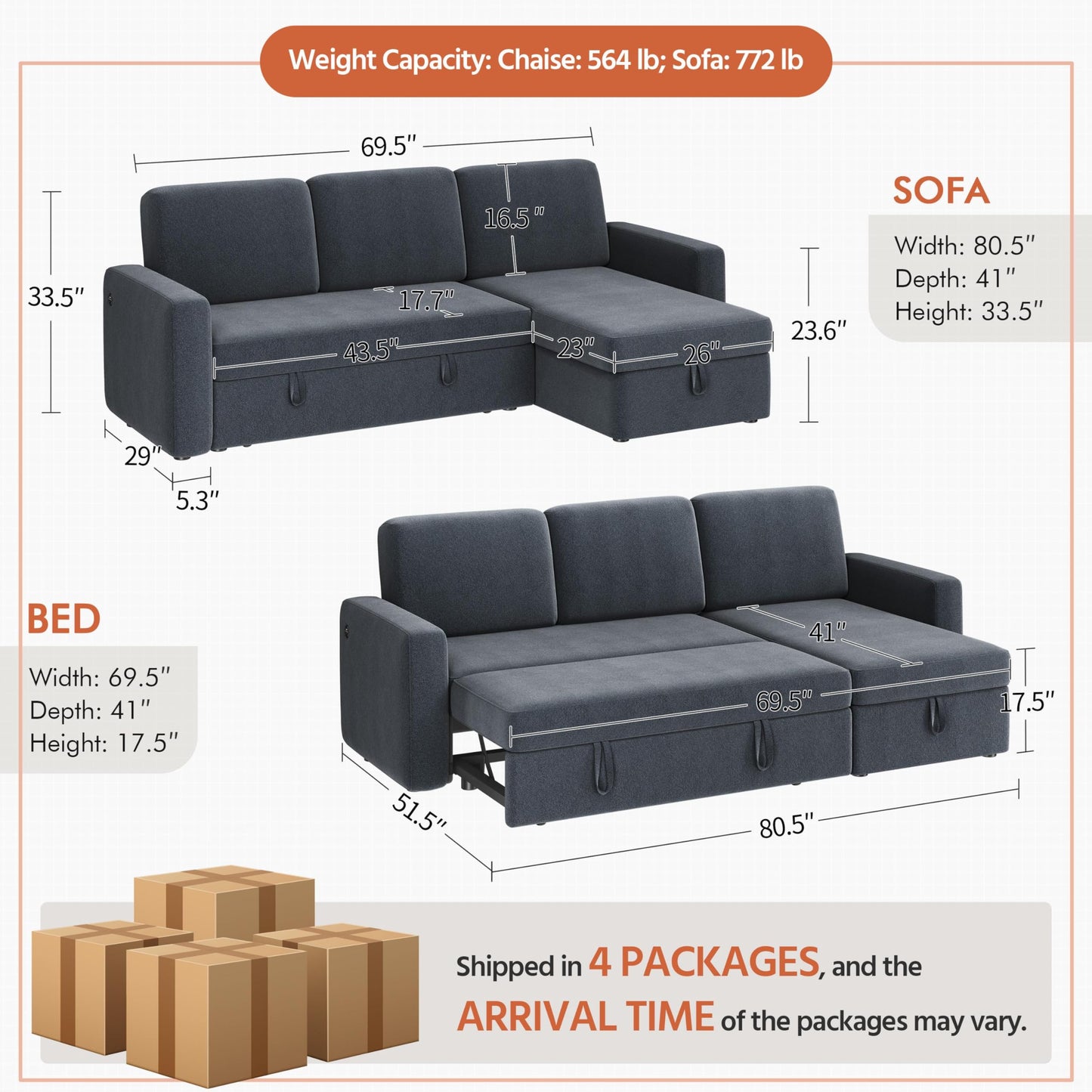 Yaheetech Sectional Sofa L-Shaped Sofa Couch Bed w/Chaise & USB, Reversible Couch Sleeper w/Pull Out Bed & Storage Space, 4-seat Fabric Convertible Sofa, Pull Out Couch for Living Room Dark Gray