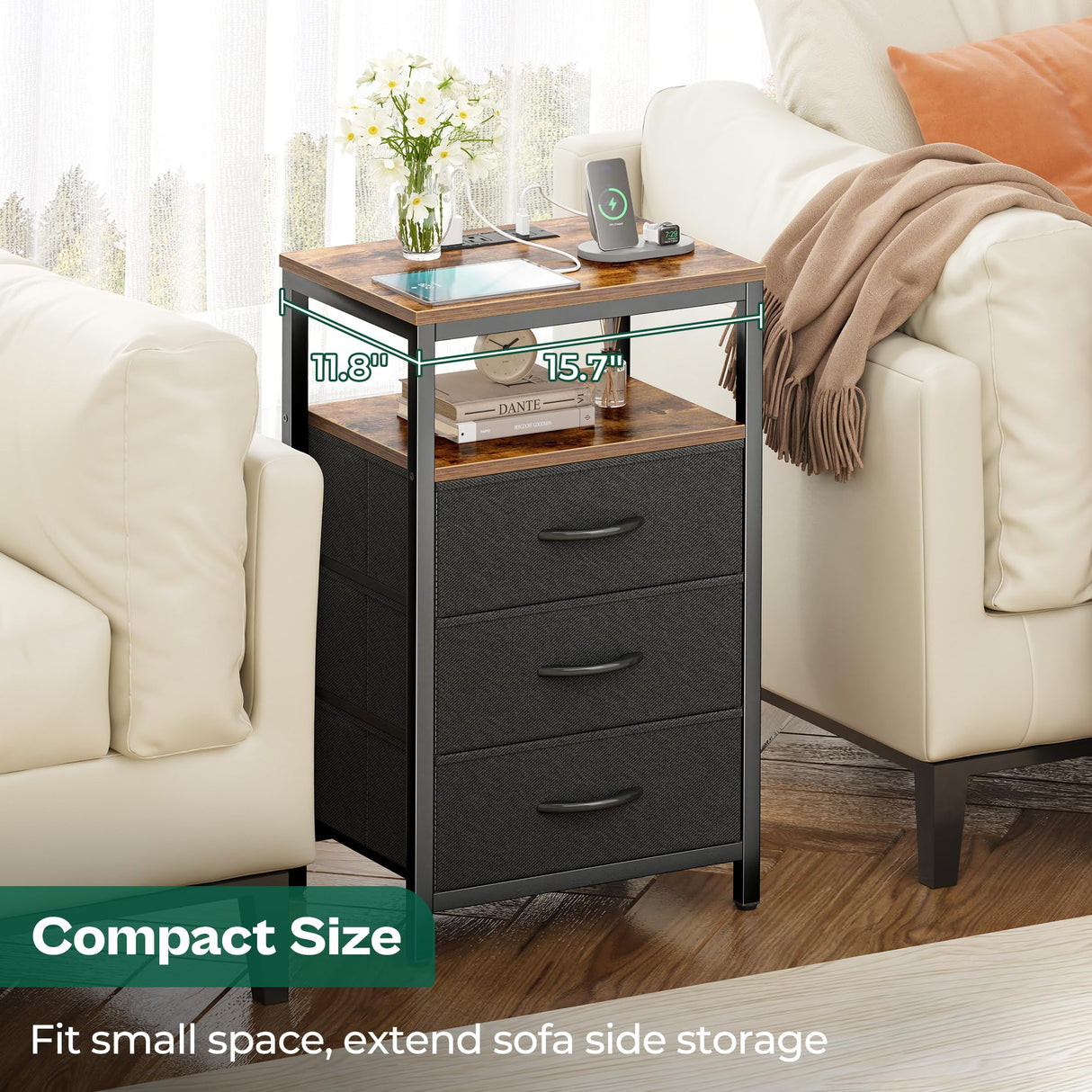 Huuger Nightstands Set of 2, 27.6 Inch End Tables with Charging Station, Fabric Drawers, Bedside Tables with USB-C Port and Outlet, Night Stands for Bedroom, Rustic Brown and Black Huuger