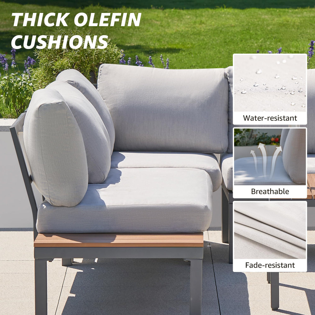 NATURAL EXPRESSIONS Patio Furniture Sets, L Shape Patio Sectional Metal Outdoor Sectional Corner Sofa Outdoor Couch with Detachable Backrest,3 Fauxwood Tables,5” Grey Olefin Cushions NATURAL EXPRESSIONS