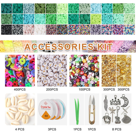 XSEINO 33000Pcs Clay Beads Bracelet Making Kit - 180Colors 8Boxes Polymer Clay Beads and 2 Styles Letter Beads，with Rich Jewelry Making Accessories and 3 Rolls Crystal Cord, for Crafts Christmas Gifts XSEINO