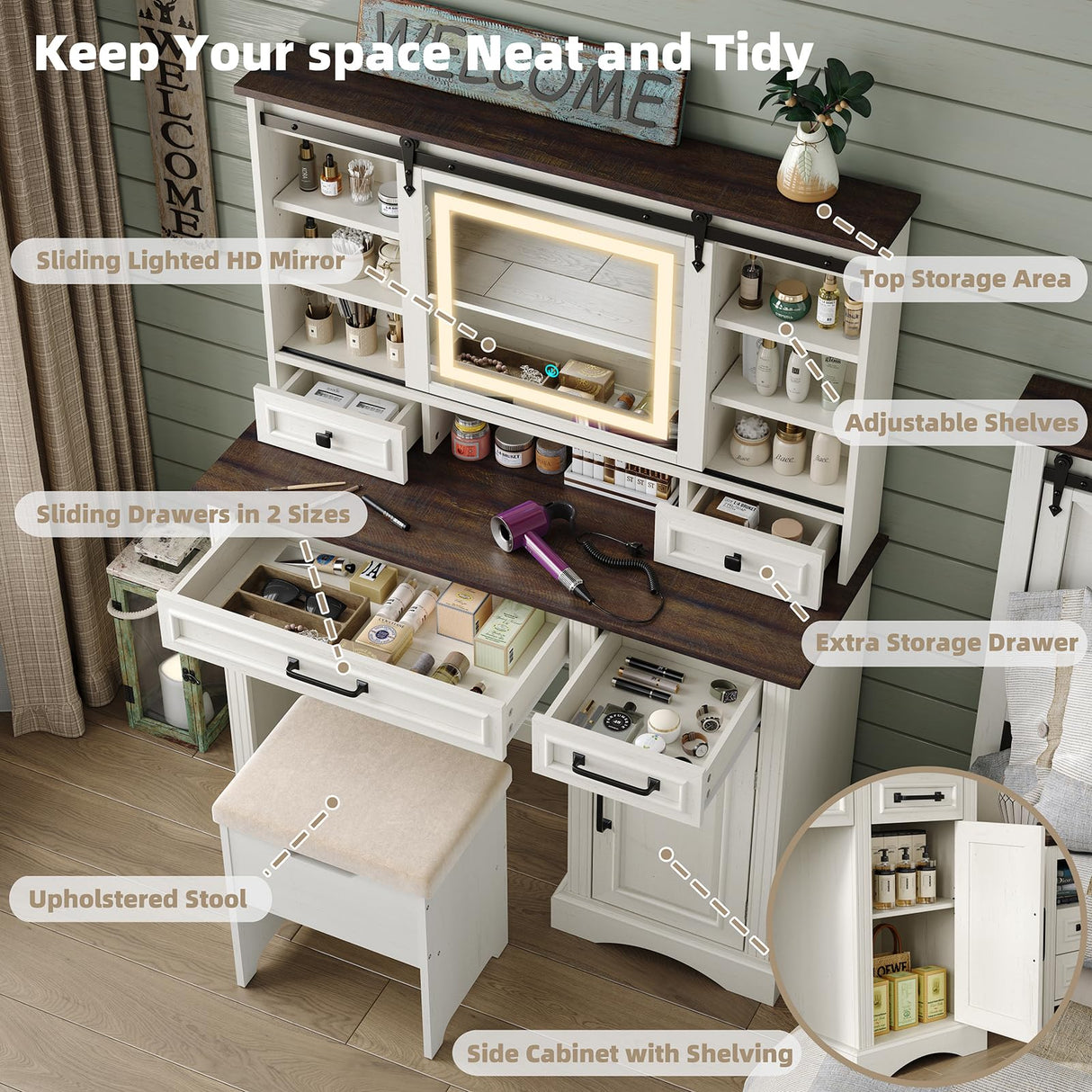 Diwnnue Farmhouse Makeup Vanity Desk with Sliding Mirror, Large Vanity Set with 3 Brightness Lights, Ample Storage, Antique White Diwnnue