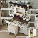 Diwnnue Farmhouse Makeup Vanity Desk with Sliding Mirror, Large Vanity Set with 3 Brightness Lights, Ample Storage, Antique White Diwnnue