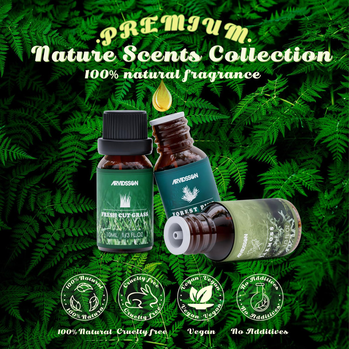 Nature Essential Oils Set, ARVIDSSON Natural Fragrance Oils for Candle Making, Fresh Cut Grass, Ocean Breeze, Rain, Pine, Sandalwood, Oakmoss, Diffuser Scented Oils ARVIDSSON