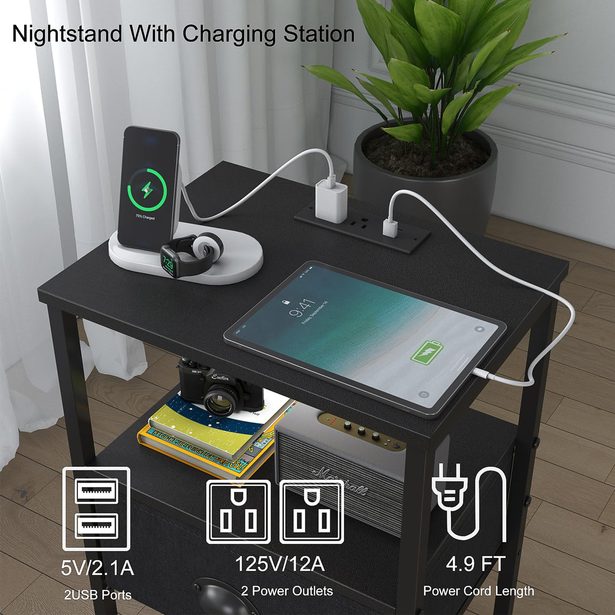 Sthmec Nightstands Set of 2, LED Bedside Tables with Charging Station and Fabric Drawer, Night Stand with Storage, 3 Tier Side Table with Open Shelf for Living Room, Bedroom, Black Generic