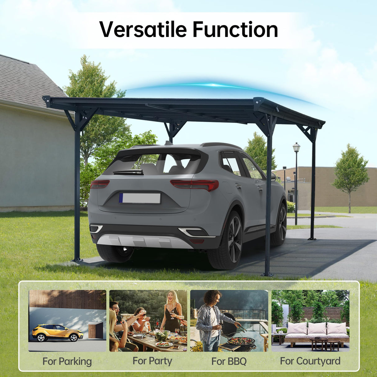 Real Relax Metal Carport 10 x 16ft with Heavy Duty Metal Frame & Pitched-Roof Polycarbonate Panel Canopy, Sturdy Canopy Shelter for Car, Truck, Pickup, SUV, Tractor, and Boat, Grey Real Relax