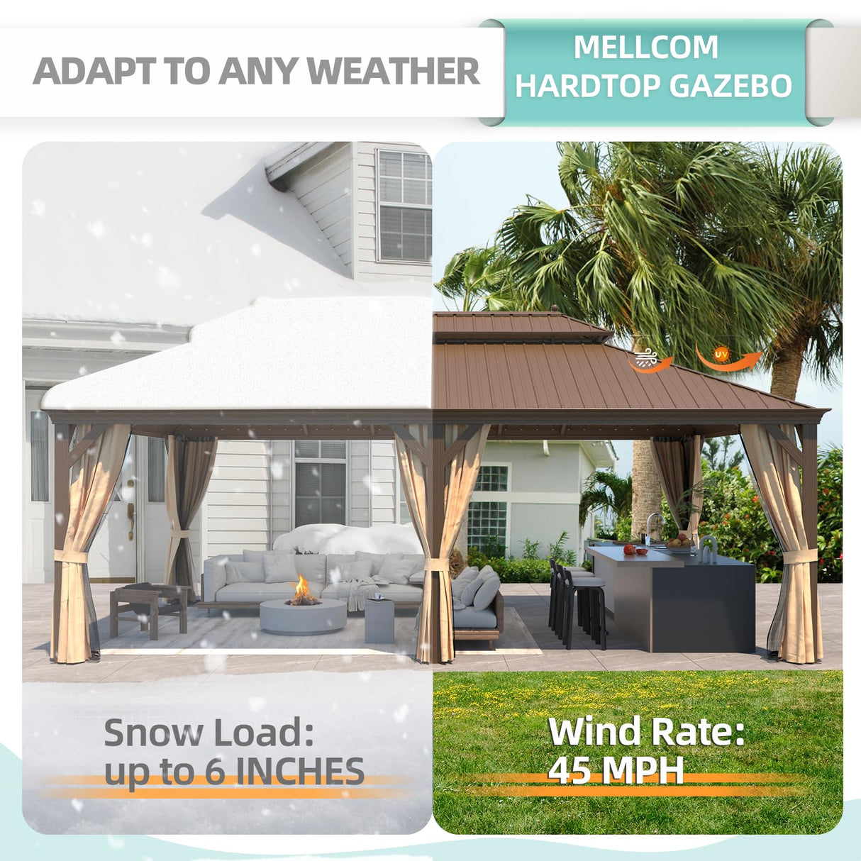 MELLCOM 14' x 22' Hardtop Gazebo,Galvanized Steel Metal Double Roof Aluminum Gazebo with Curtain and Netting,Brown Permanent Pavilion Gazebo with Aluminum Frame for Patios,Gardens,Lawns MELLCOM