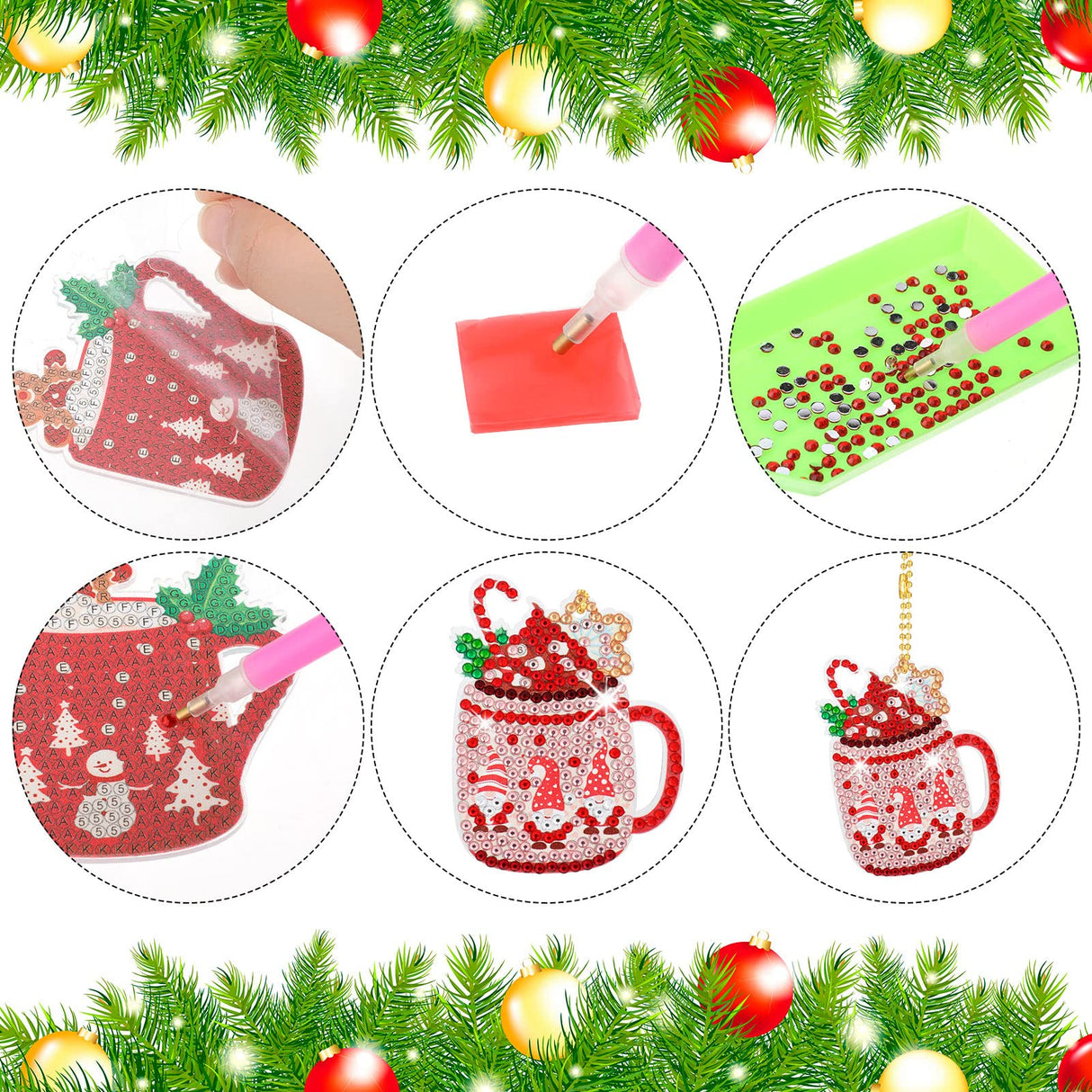 BBTO 15 Pieces Christmas Diamond Painting Keychain Ornaments 5D DIY Hot Cocoa Art for Kids Crafts Family Decor (Cute) BBTO