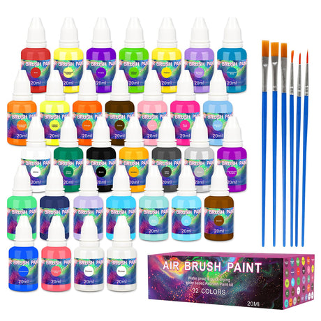 Tajasey Airbrush Paint Set - 30 Colors with 6 Airbrush Brushes & 2 Thinners | Clog-Resistant Spray for Models, Metal, Fabric | Water-Based Acrylic Art Kit Tajasey