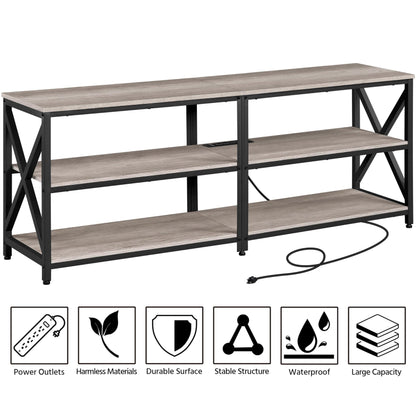 Yaheetech TV Stand with Power Outlet for 75 Inch TV, 3 Tiers TV Storage Cabinet Entertainment Center, Retro 63 Inch Long TV Console Table with Charging Station for Living Room, Gray