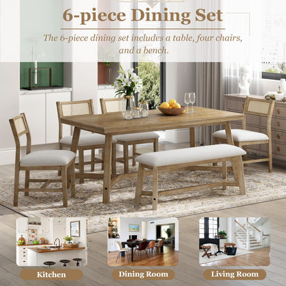 Wood Dining Table Set for 6 with 4 Chair & Bench, 6-Piece Rectangular Kitchen Table Set with 4 Upholstered Chairs & Bench Retro Dining Room Set for Dining Room (Natural Wood Wash)