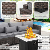 Valita 6 PCS Patio Furniture Set Outdoor Sectional Wicker Conversation Couch Brown Rattan Sofa Chairs with Ottoman 50,000BTU Adjustable Fire Pit Table and Grey Anti-Slip Cushions Valita