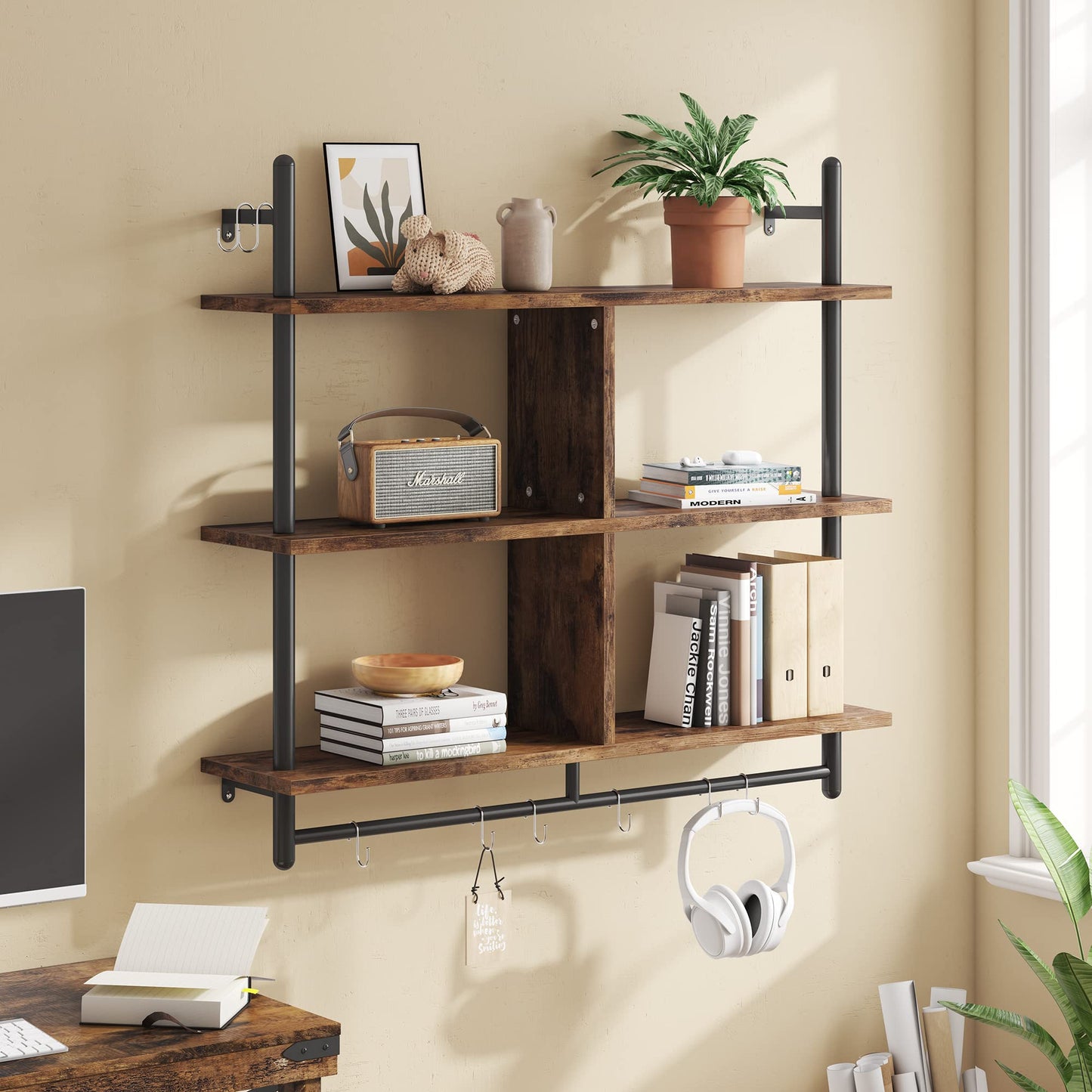 Bestier 3-Tier Rustic Brown Floating Pipe Shelving Unit for Kitchen and Living Room - WoodArtSupply