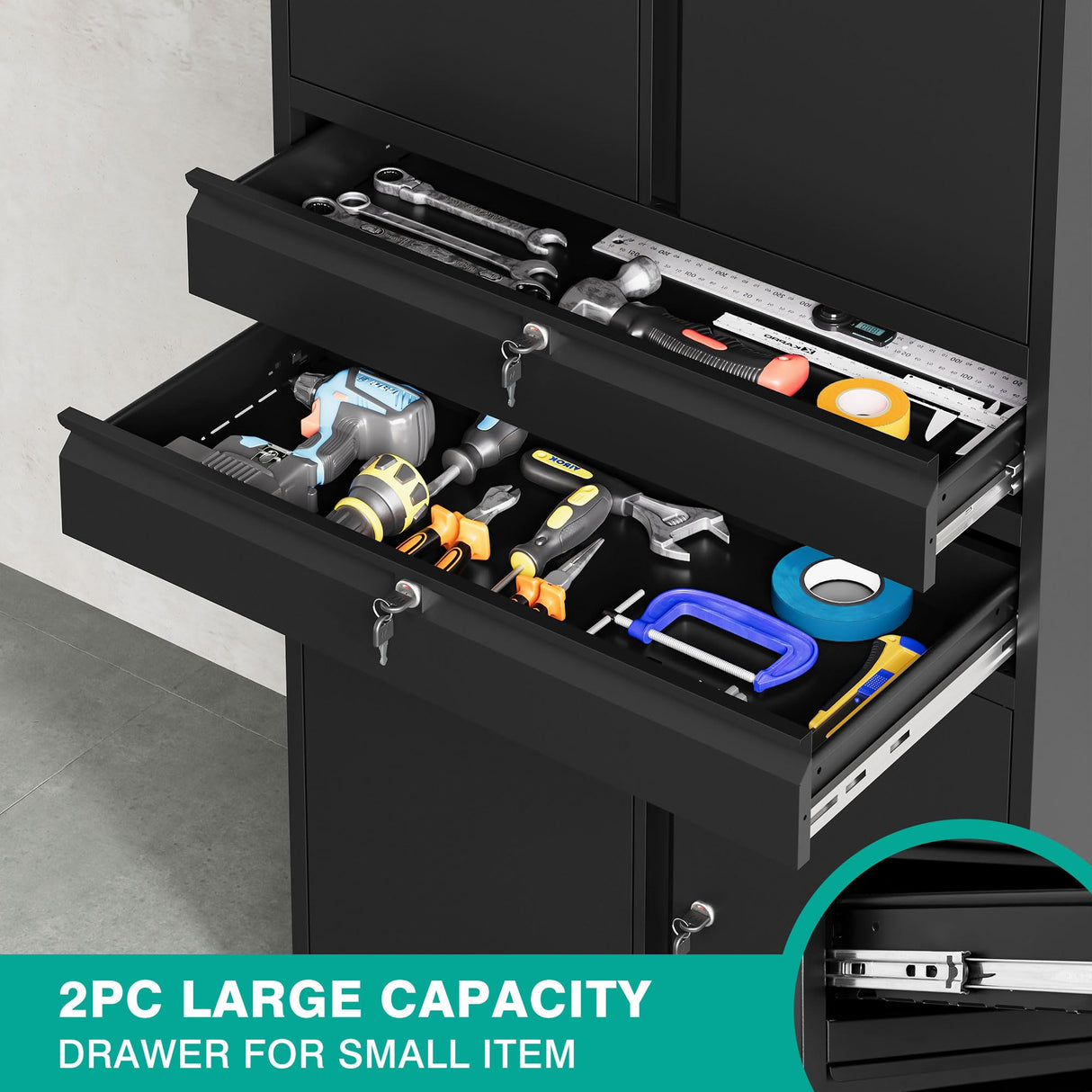 Metal Storage Cabinet with Drawer and Locks,Black Garage Storage Cabinet with Locking Doors and Adjustable Shelves,71" Tall Large Metal Cabinets with Magnetic Door for Home,Office,Garage SISESOL