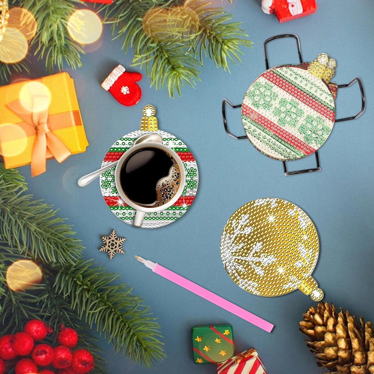 Hoxxu 10pcs Christmas Diamond Art Coasters Kit, 5D Christmas Diamond Painting Kits with Stand, Ideal for Cups, Wine Glasses, Perfect for Holiday Decor Table Setting Hoxxu