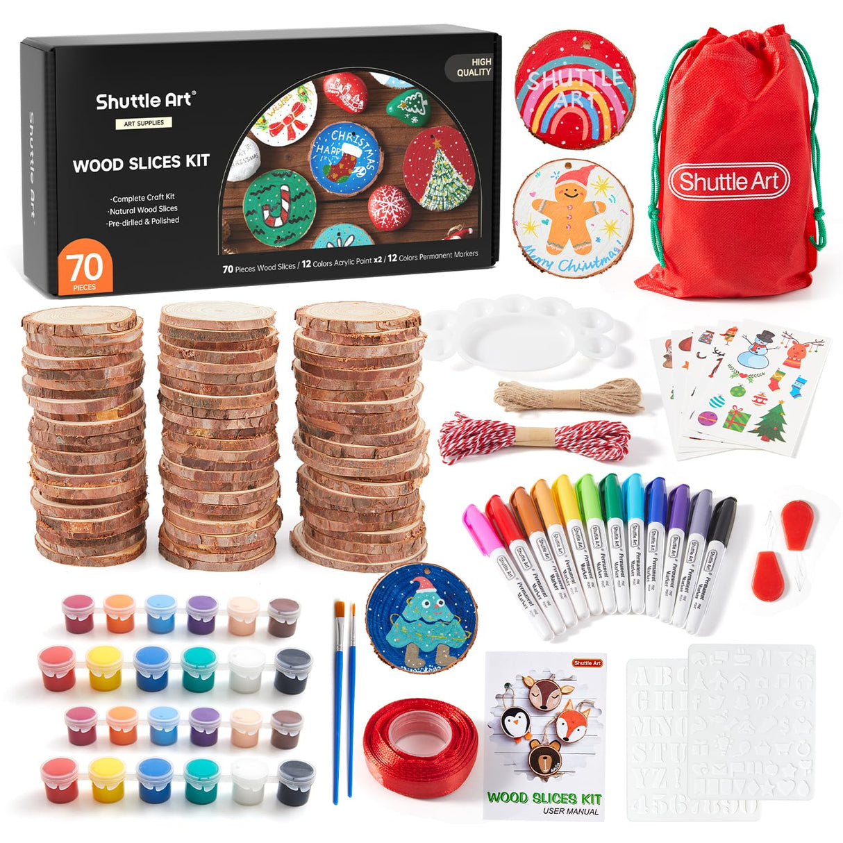 Shuttle Art Natural Wood Slices 70 PCS 2.8-3.1 Inches Craft Wood Ornament Kit, Unfinished Predrilled Wooden Circles with Hole, Jute Twine, Acrylic Paint, Markers for DIY Decoration Shuttle Art
