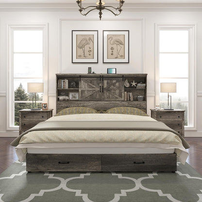 HOWE Rustic Grey King Size Wood Platform Bed with Bookcase Headboard and Barn Door Storage - WoodArtSupply