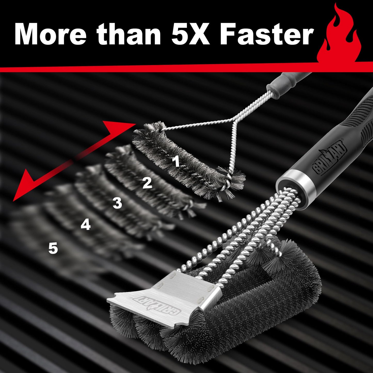 GRILLART Grill Brush and Scraper, Extra Strong BBQ Cleaner Accessories, Safe Wire Bristles Barbecue Triple Scrubbers Cleaning Brush for Gas/Charcoal Grilling Grates, Wizard Tool BR-8115