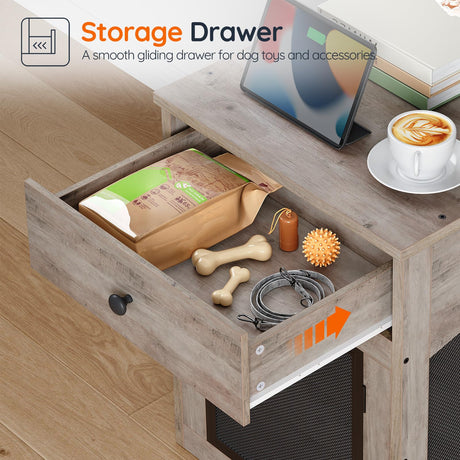 HOOBRO Dog Crate Furniture, Dog Kennel with Drawer and Charging Station, Indoor Decorative Puppy House, Wooden Pet Crate End Table for Small Dogs, Greige and Black BG58UGW03G1 HOOBRO