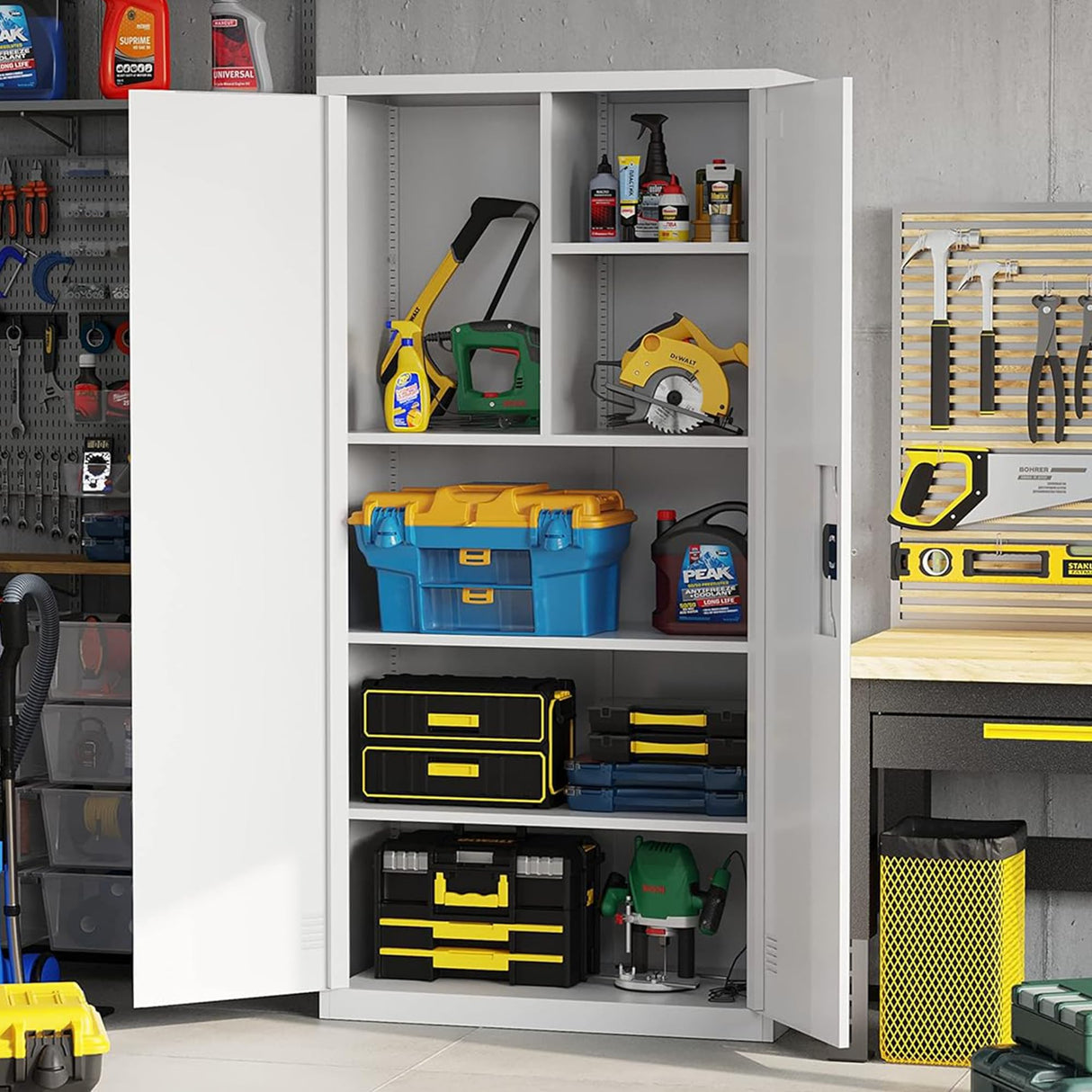 Metal Garage Storage Cabinet, 72" Tall Steel File Cabinet with 2 Lockable Doors and Adjustable Shelves, Utility Heavy Duty Tool Cabinet for Warehouse, Garages, Offices, Kitchens, Gyms, Milky White EazeHome