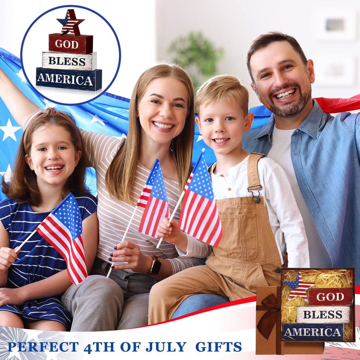 Huquary 4 Pcs Farmhouse 4th of July Patriotic Table Sign Independence Day Table Wood Decorations Patriotic Themed Rustic Farmhouse Wood Block Sign for Party Home Desk (Flag) Huquary
