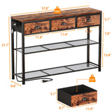 Furologee Console Table with Charging Station & 3 Fabric Drawers, 38'' Entryway Table with Storage Shelves and LED Light, Industrial Foyer Table for Entry Way, Display Shelf for Hallway, Rustic Brown Furologee