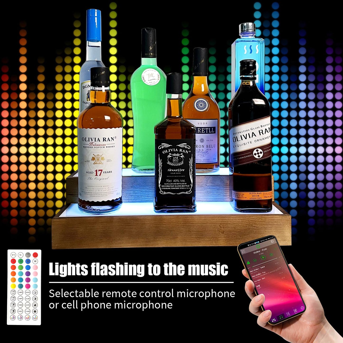 LED Lighted Liquor Bottle Stand - 2 Tier Liquor Bar Bottle Display Shelf with App & Remote Control, Holds 8 Bottles, Real Wood, Easy to Clean, No Installation Required(LED, Walnut, 2 Tier) - WoodArtSupply