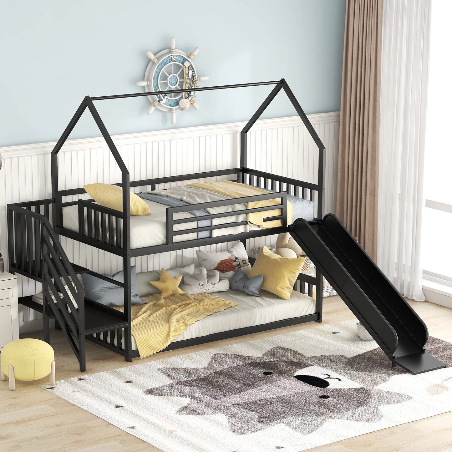 Harper & Bright Designs Twin over Twin Metal Bunk Bed with Slide and Stairs, Low Bunk House Bed for Kids, Floor Bunk Bed, Modern Style Heavy-Duty Steel Frame (Black)